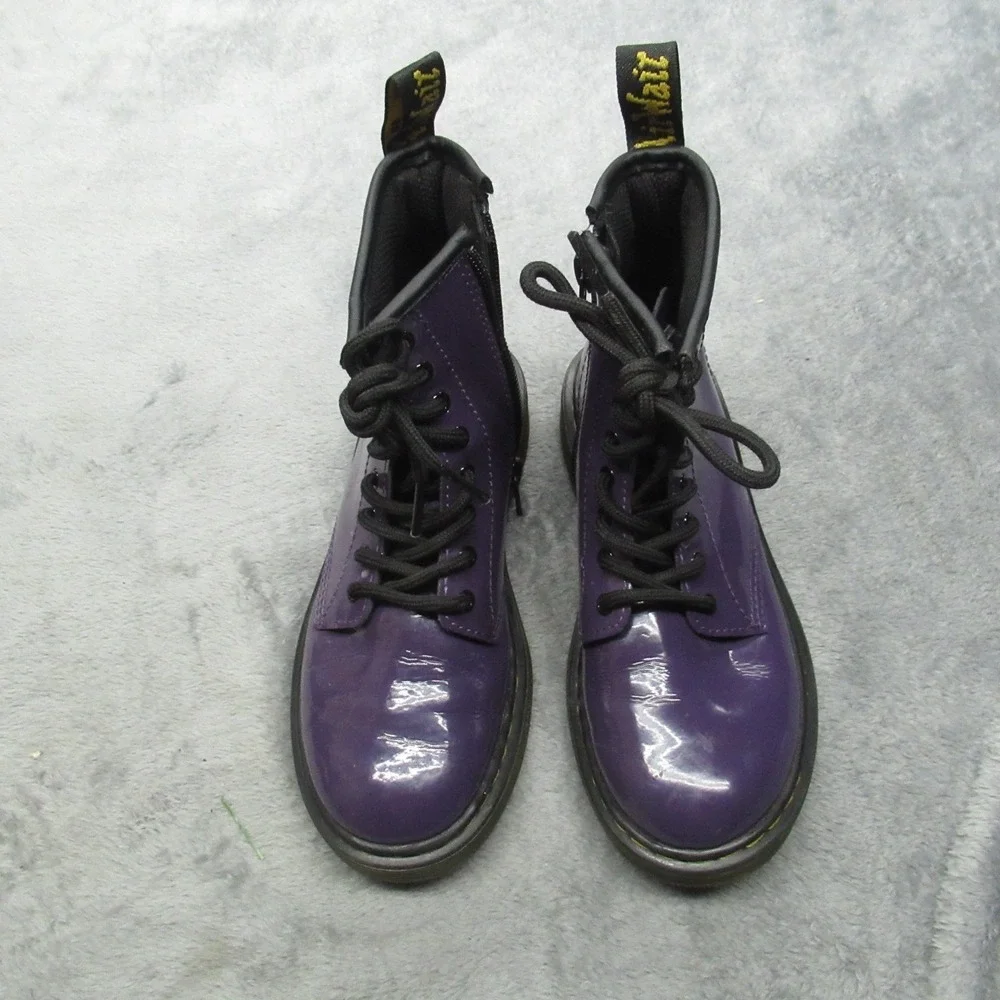 Dr Martens Boots Youth 2 Purple Leather Combat Side Zip CHunky Glossy Waterproof